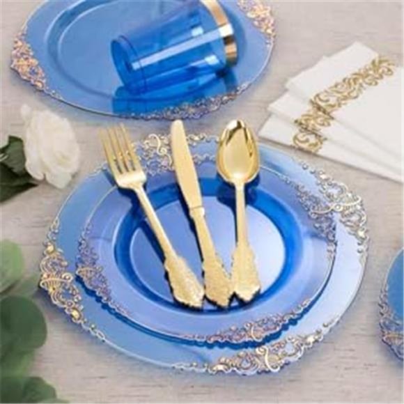 175PCS Clear BlueGold Plastic PlatesSet Include 25Dinner Plates,25Dessert Plates - Picture 5 of 7